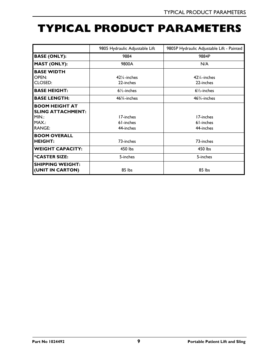 Typical product parameters | Invacare 9805P User Manual | Page 9 / 44