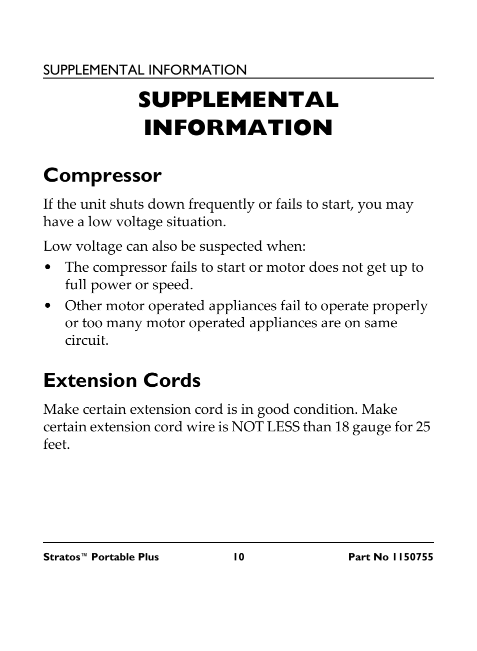 Supplemental information, Compressor extension cords, Compressor | Extension cords | Invacare IRC 1730 User Manual | Page 10 / 40