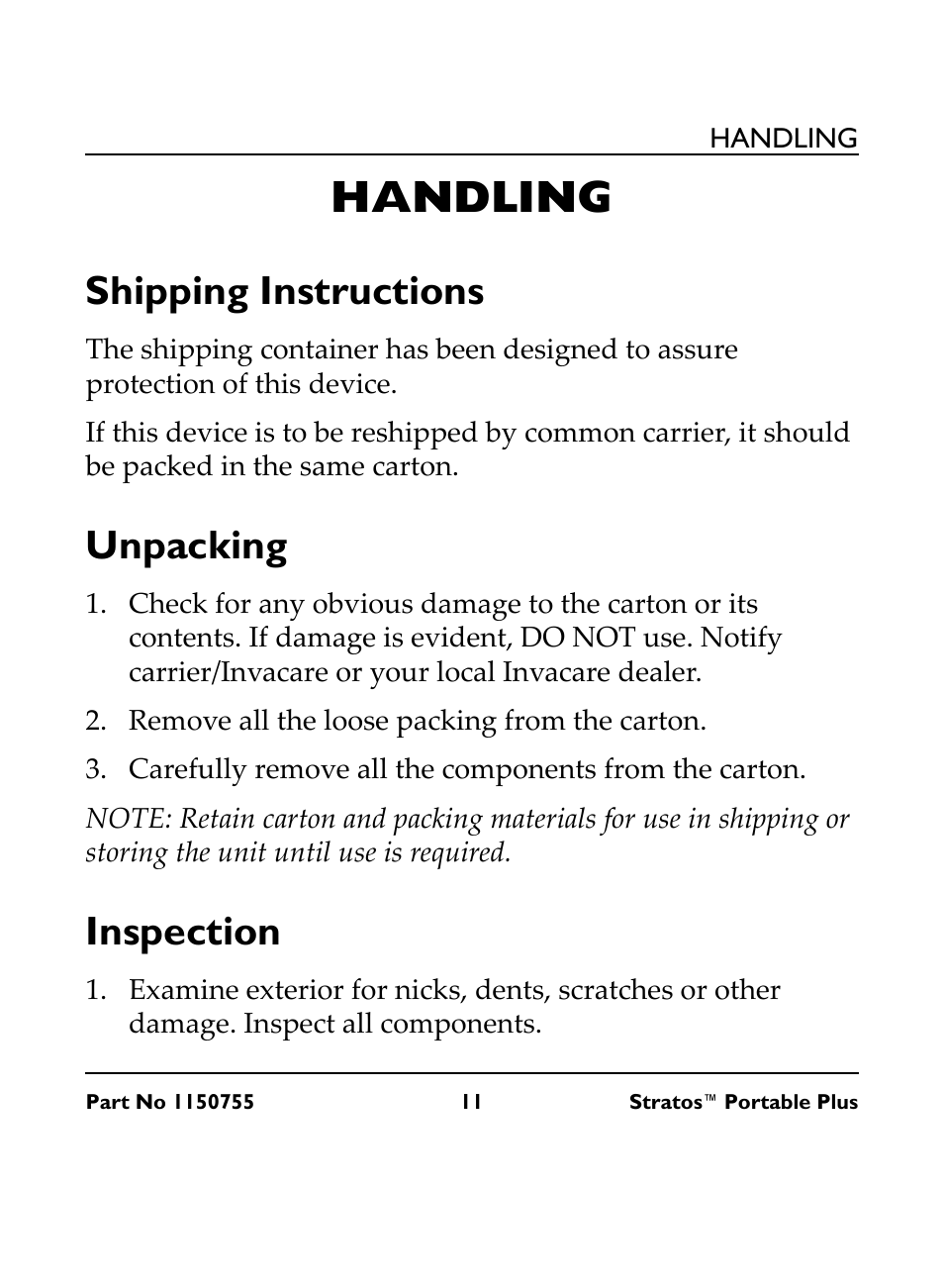 Handling, Shipping instructions unpacking inspection, Shipping instructions | Unpacking, Inspection | Invacare IRC 1730 User Manual | Page 11 / 40