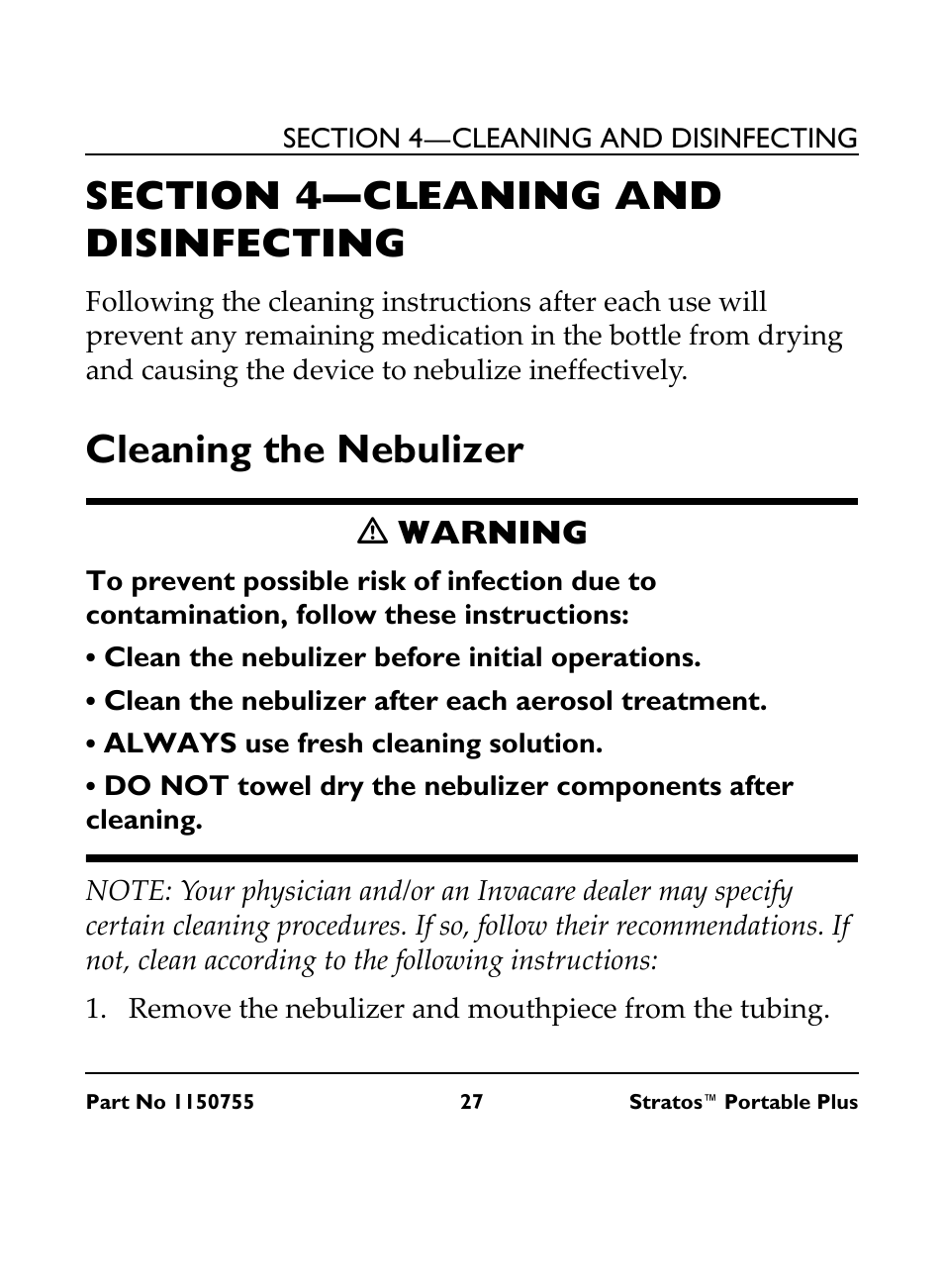 Section 4—cleaning and disinfecting, Cleaning the nebulizer, Ƽ warning | Invacare IRC 1730 User Manual | Page 27 / 40
