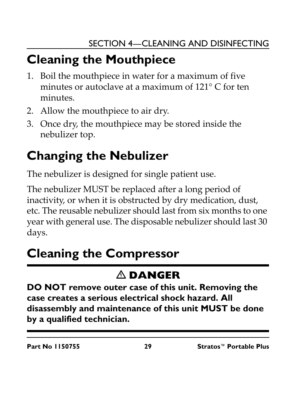 Cleaning the mouthpiece, Changing the nebulizer, Cleaning the compressor | Ꮨ danger | Invacare IRC 1730 User Manual | Page 29 / 40