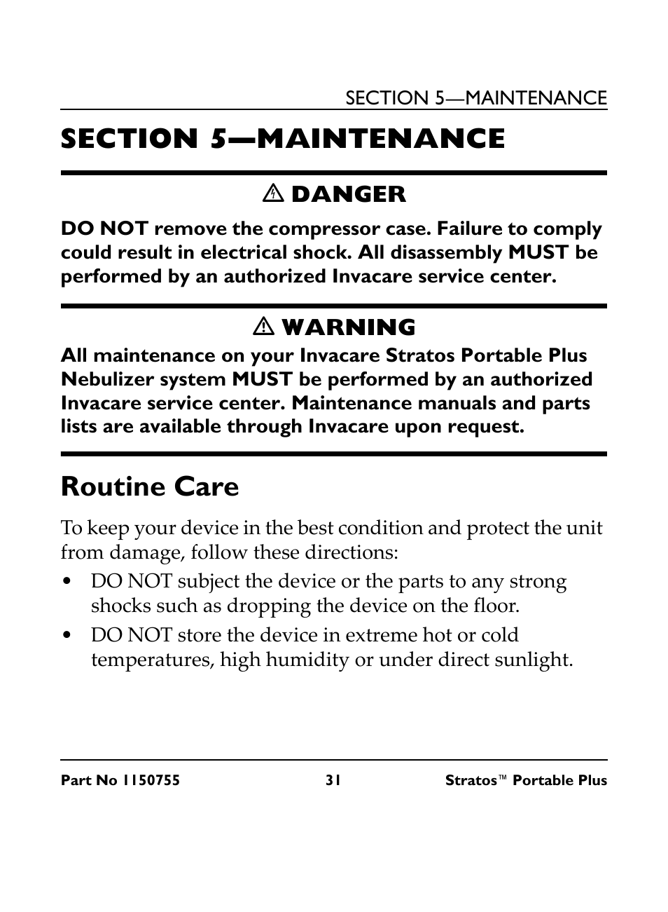 Section 5—maintenance, Routine care, Ꮨ danger | Ƽ warning | Invacare IRC 1730 User Manual | Page 31 / 40