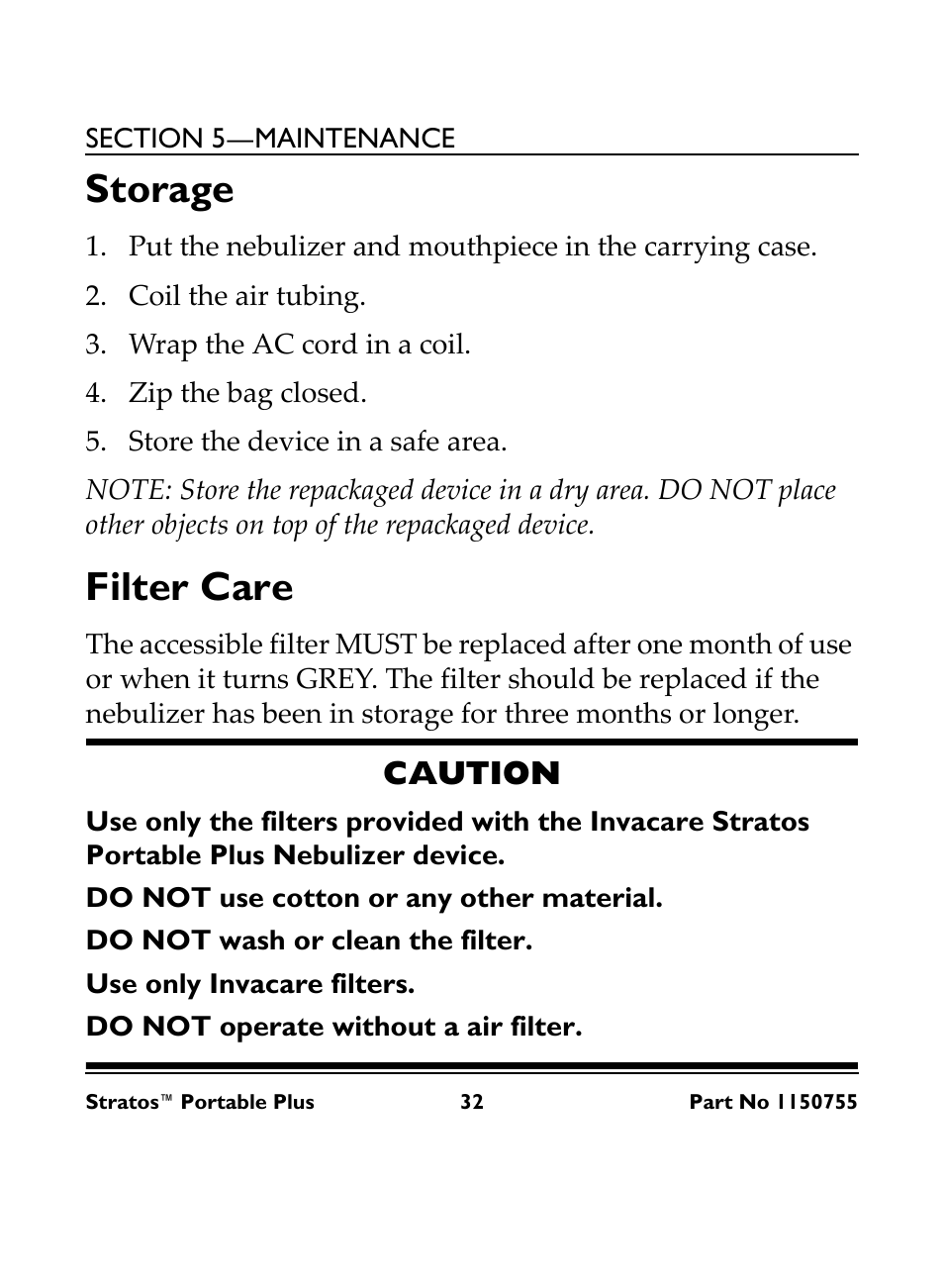 Storage filter care, Storage, Filter care | Caution | Invacare IRC 1730 User Manual | Page 32 / 40