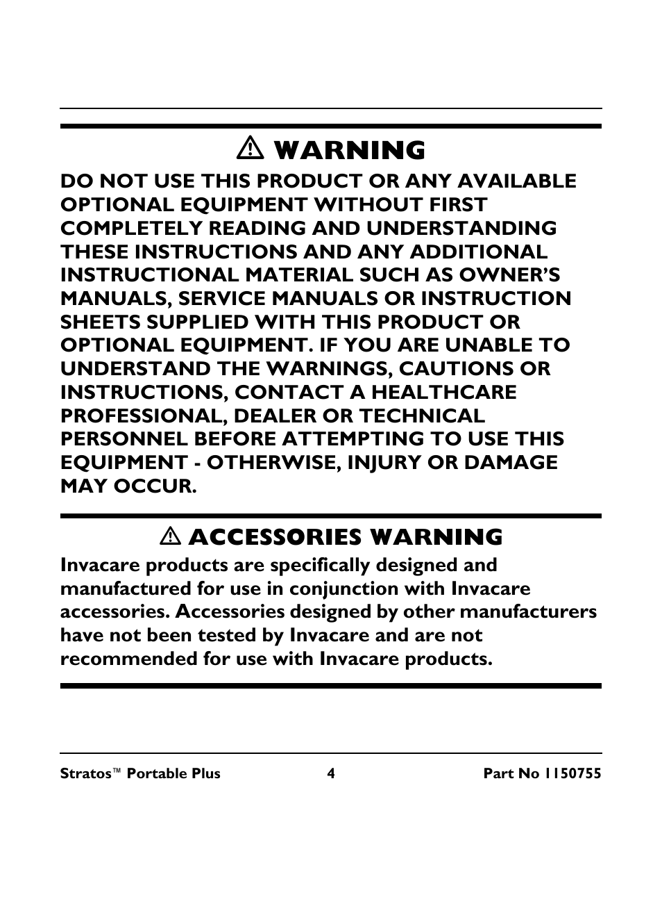 Warning, Ƽ accessories warning | Invacare IRC 1730 User Manual | Page 4 / 40