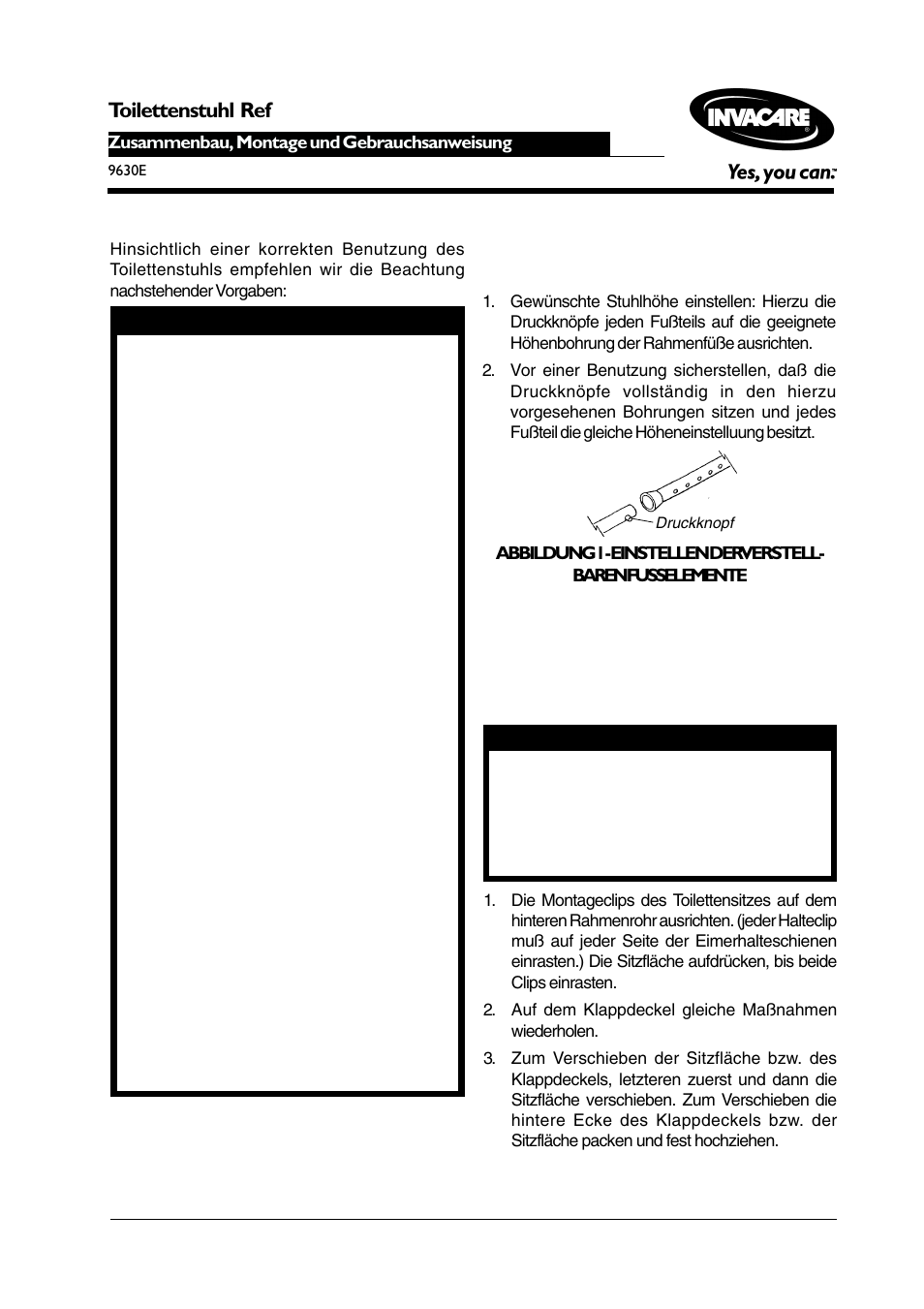 Sicherheitsvorschriften, Toilettenstuhl ref | Invacare 9630E User Manual | Page 3 / 8