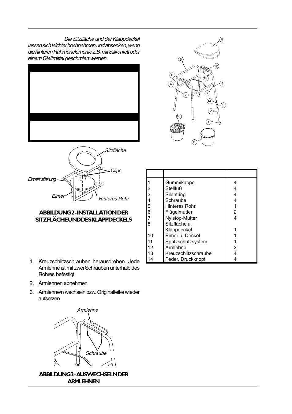 Auswechseln der armlehnen (abbildung 3), Teileliste | Invacare 9630E User Manual | Page 4 / 8