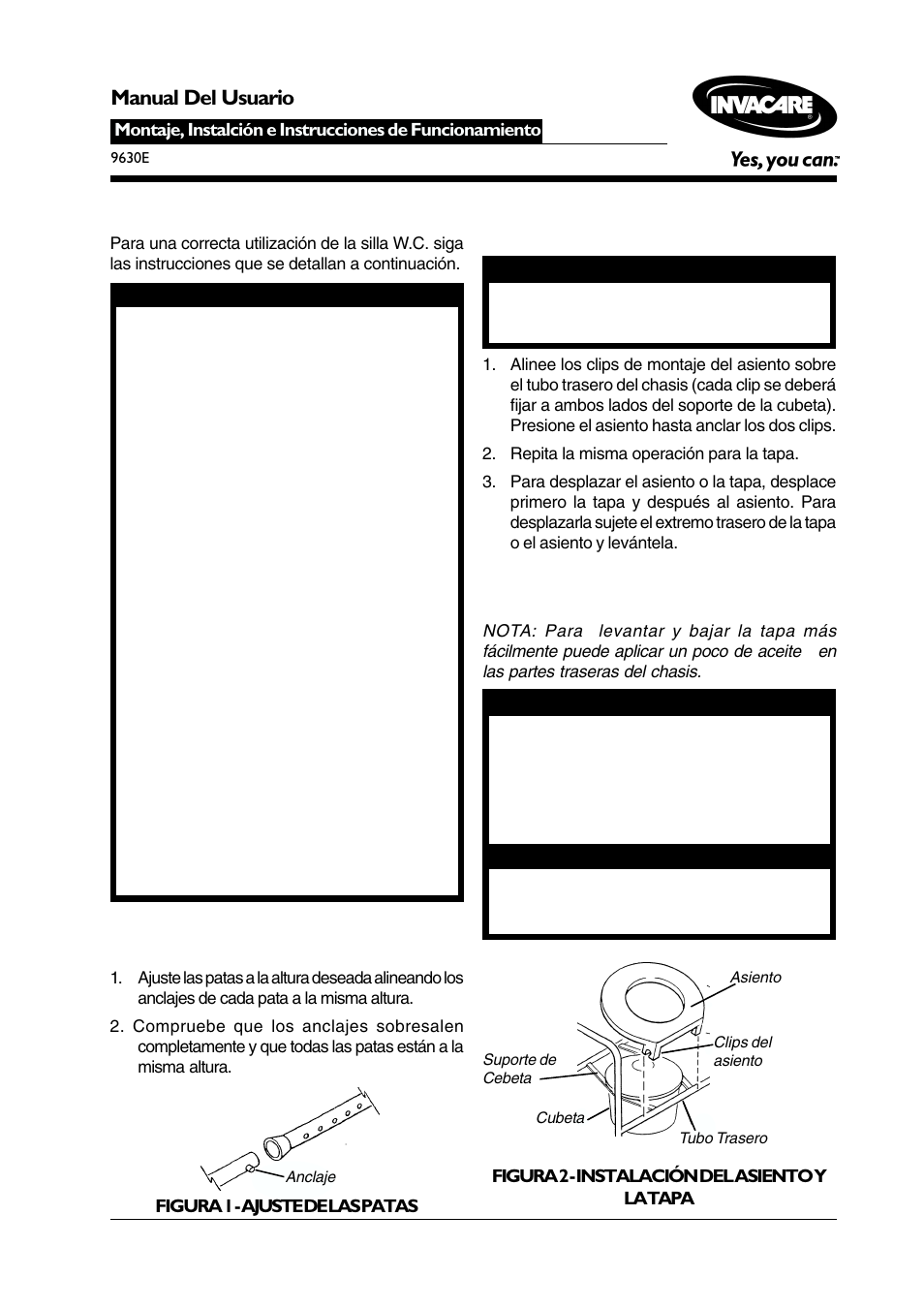 Pautas de seguridad, Ajuste de las patas (figura 1), Instalación y uso del asiento y la tapa (figura 2) | Manual del usuario | Invacare 9630E User Manual | Page 5 / 8