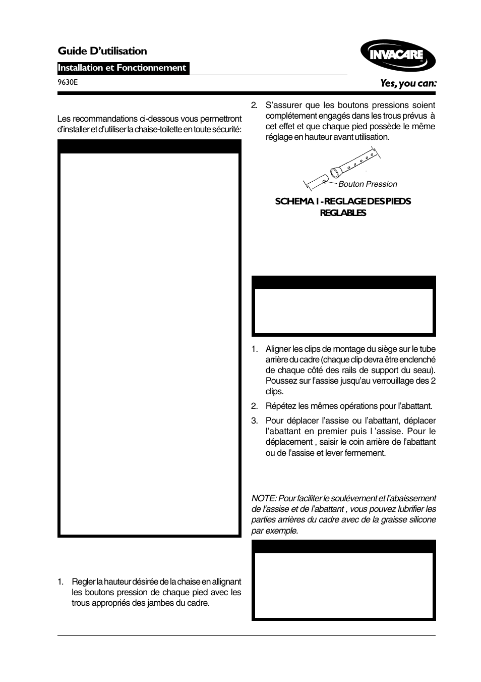 Reglage des pieds reglables (schema 1), Guide dutilisation | Invacare 9630E User Manual | Page 7 / 8