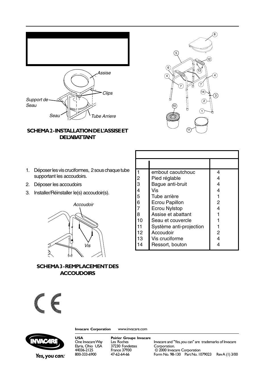 Remplacement des accoudoirs (schema 3), Liste des pieces | Invacare 9630E User Manual | Page 8 / 8