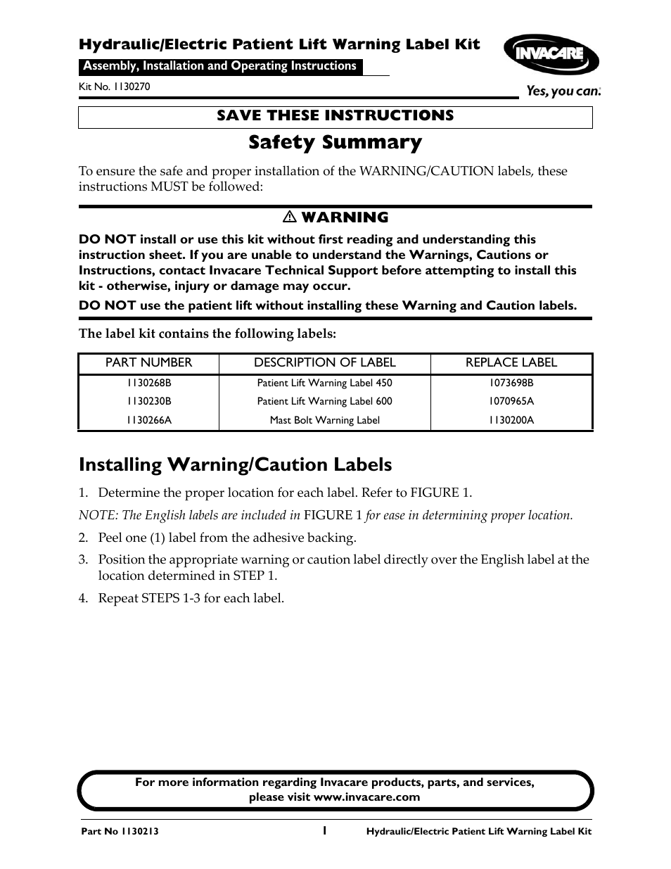 Invacare 1130213 User Manual | 4 pages