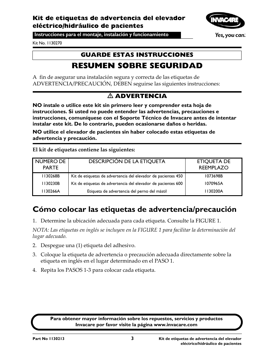 Resumen sobre seguridad | Invacare 1130213 User Manual | Page 3 / 4