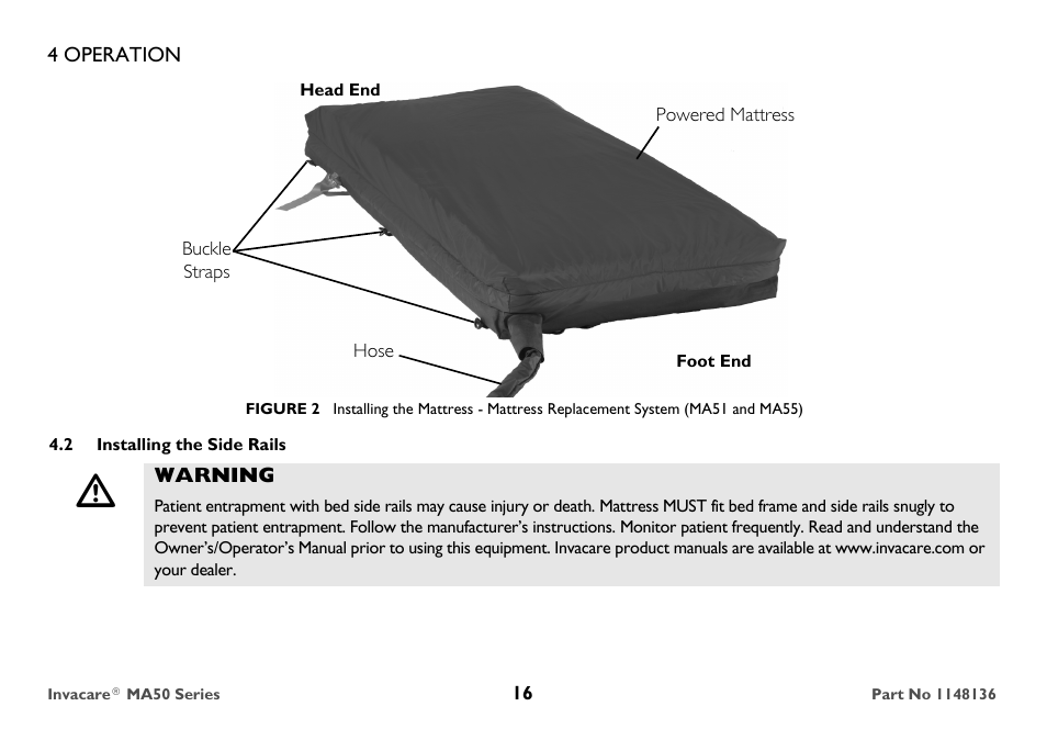 Installing the side rails | Invacare MicroAIR MA50 User Manual | Page 16 / 36