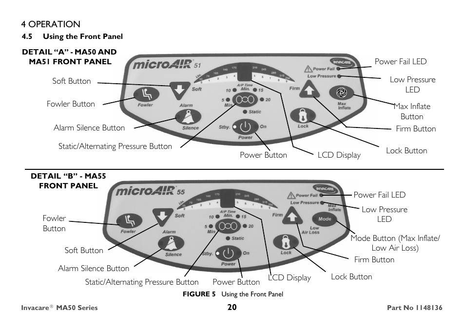 Using the front panel | Invacare MicroAIR MA50 User Manual | Page 20 / 36