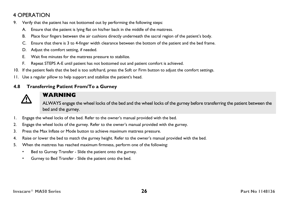 Transferring patient from/to a gurney, 4 operation, Warning | Invacare MicroAIR MA50 User Manual | Page 26 / 36