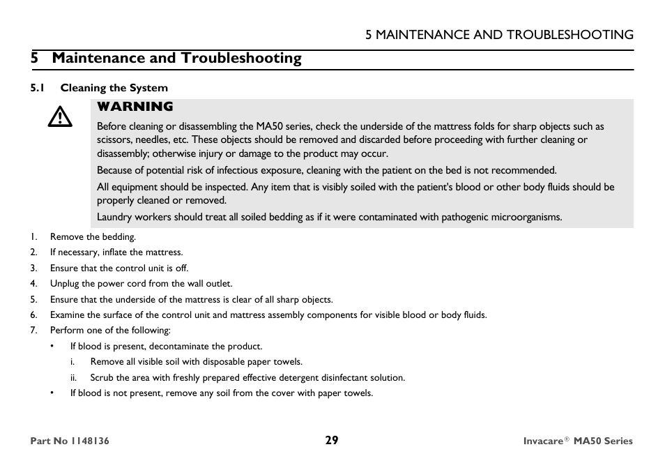 Maintenance and troubleshooting, Cleaning the system, 5 maintenance and troubleshooting | Invacare MicroAIR MA50 User Manual | Page 29 / 36