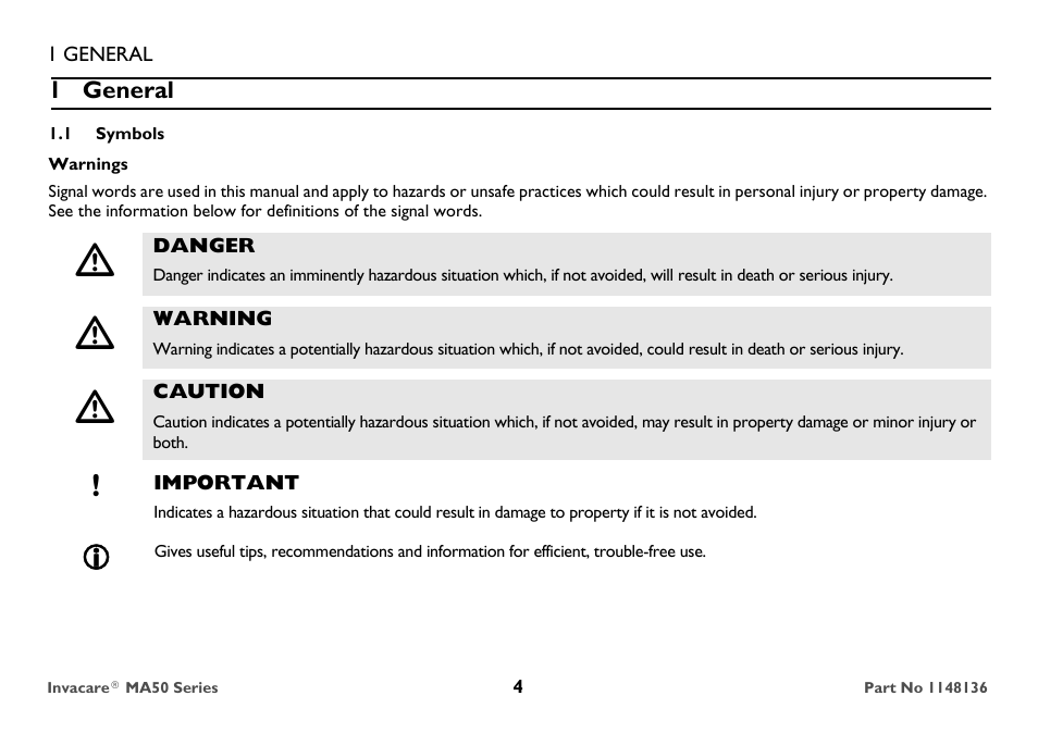 General, Symbols | Invacare MicroAIR MA50 User Manual | Page 4 / 36