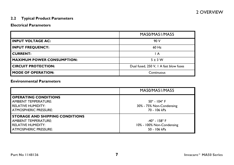 Typical product parameters, 2 overview | Invacare MicroAIR MA50 User Manual | Page 7 / 36