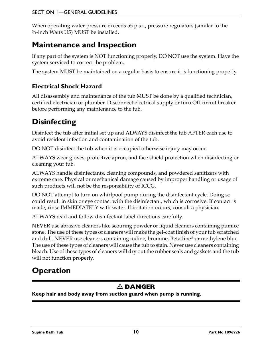Maintenance and inspection, Electrical shock hazard, Disinfecting operation | Disinfecting, Operation | Invacare IH6300ADH User Manual | Page 10 / 32