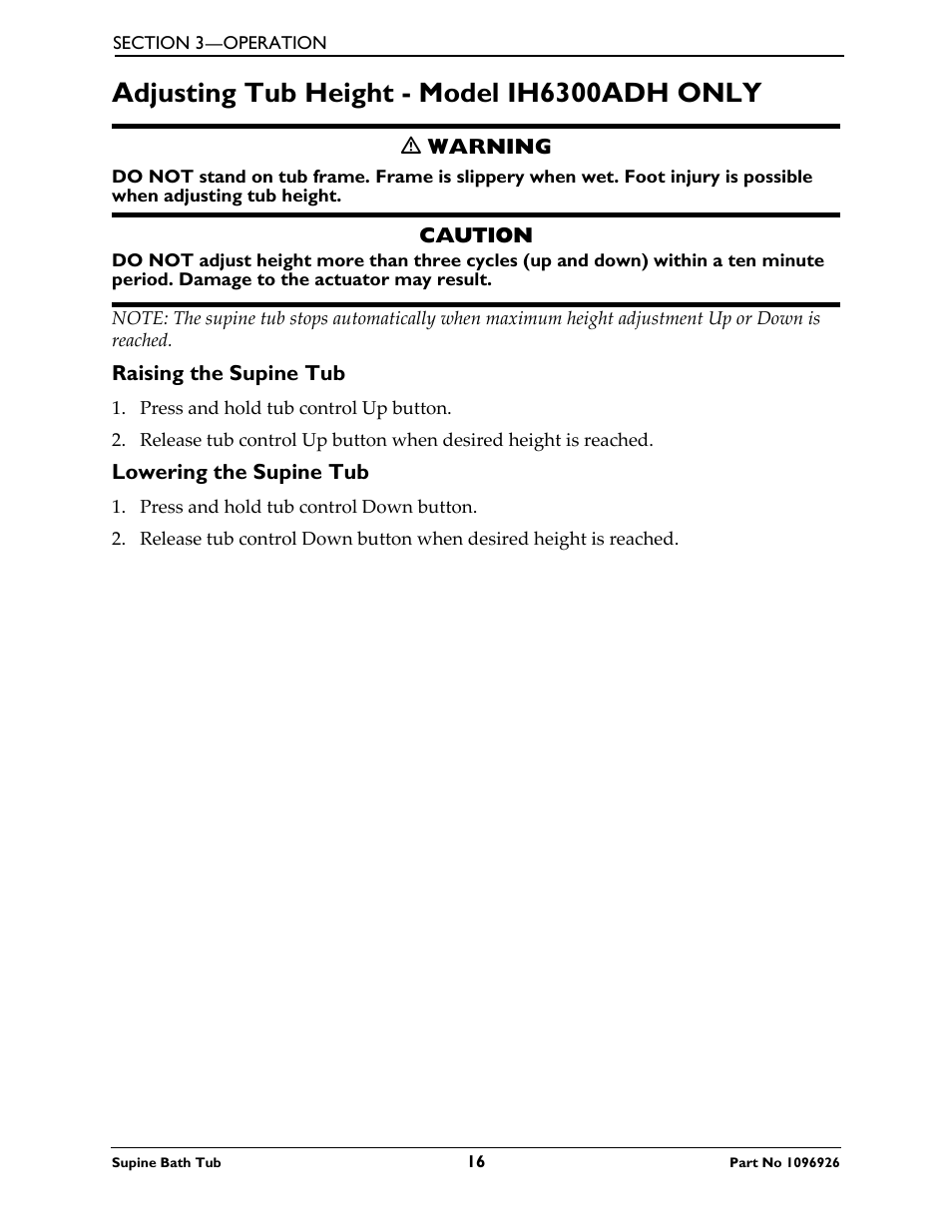Adjusting tub height - model ih6300adh only, Raising the supine tub lowering the supine tub | Invacare IH6300ADH User Manual | Page 16 / 32
