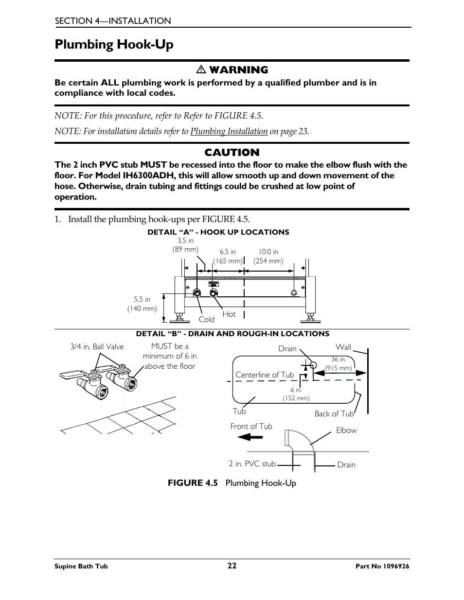 Plumbing hook-up, Ƽ warning, Caution | Invacare IH6300ADH User Manual | Page 22 / 32