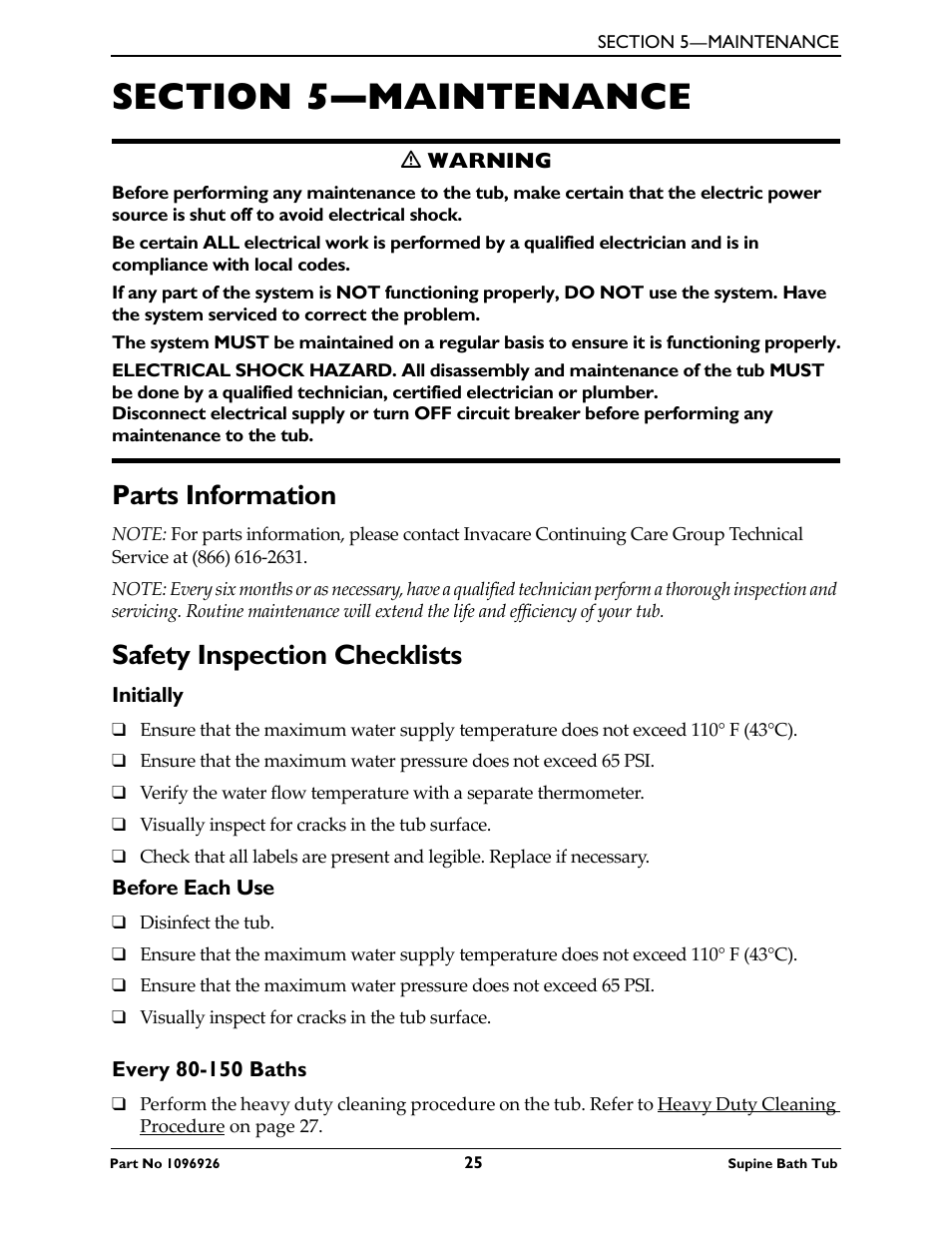 Section 5—maintenance, Parts information safety inspection checklists, Initially before each use every 80-150 baths | Parts information, Safety inspection checklists | Invacare IH6300ADH User Manual | Page 25 / 32