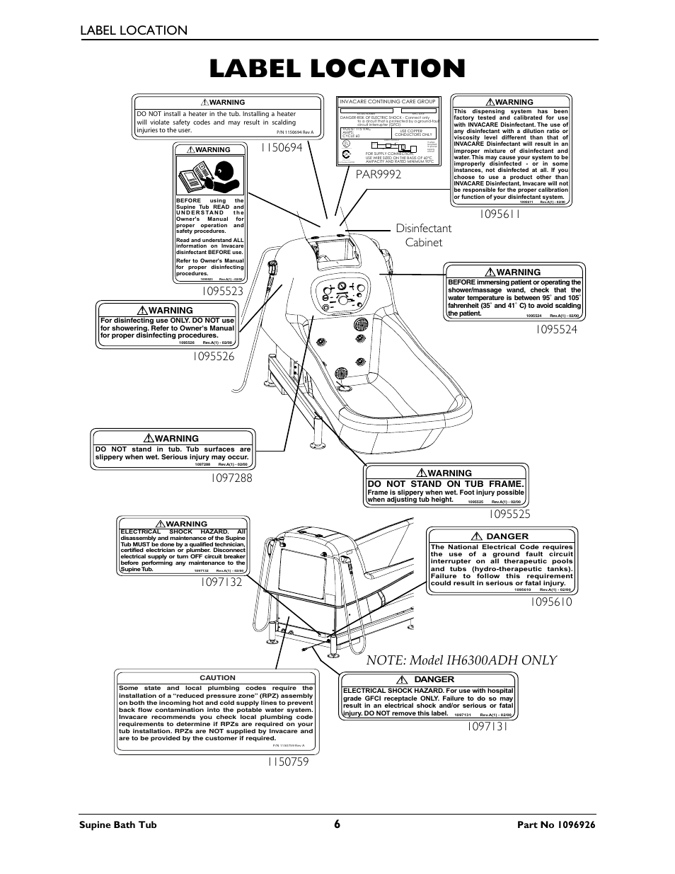 Label location, Supine bath tub, Ohfwultxh 3orpehulh | Uhhq *urxqg (ohfwulfdo 3oxpelqj 157, Klwh 1hxwudo %odfn +rw | Invacare IH6300ADH User Manual | Page 6 / 32
