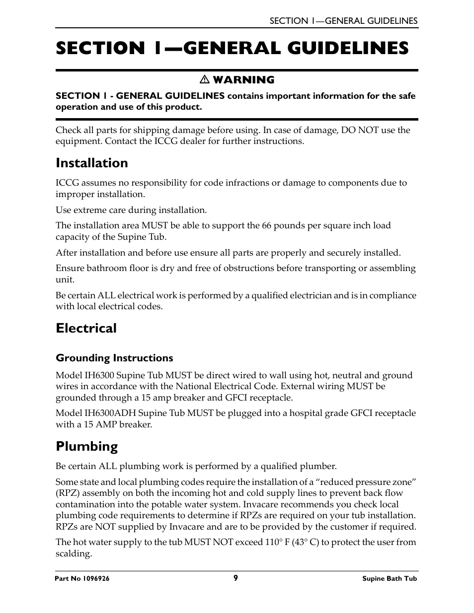 Section 1—general gu, Installation electrical, Grounding instructions | Plumbing, Installation, Electrical | Invacare IH6300ADH User Manual | Page 9 / 32