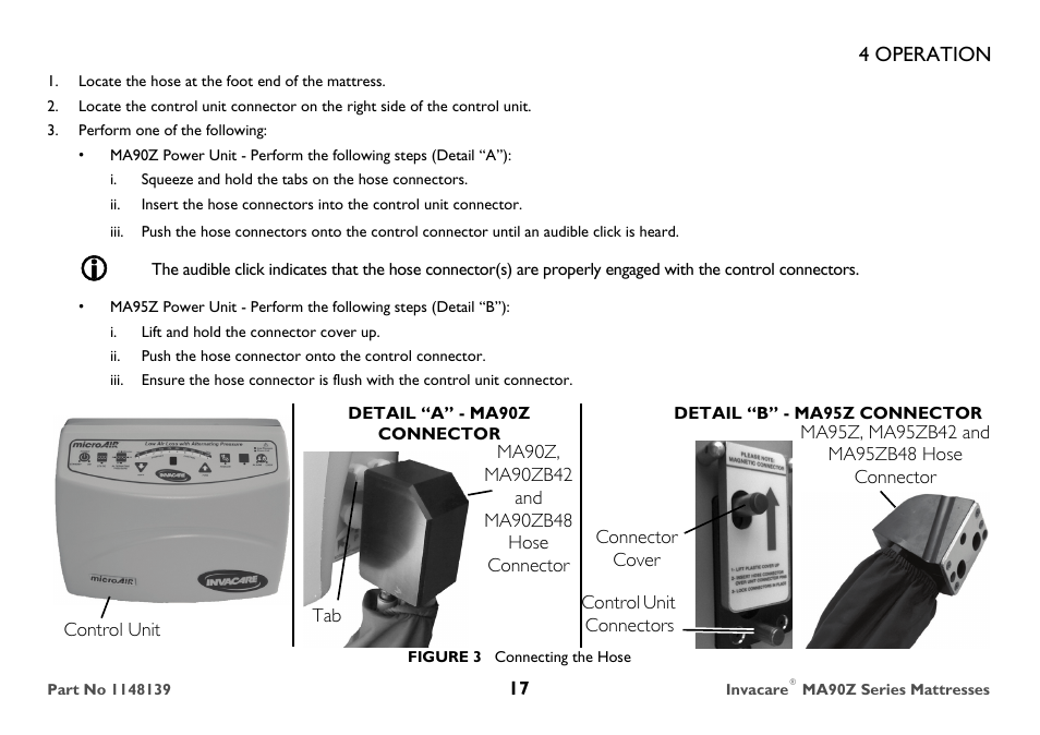 Locate the hose at the foot end of the mattress, Perform one of the following, Connector cover | 4 operation | Invacare MA90Z User Manual | Page 17 / 36
