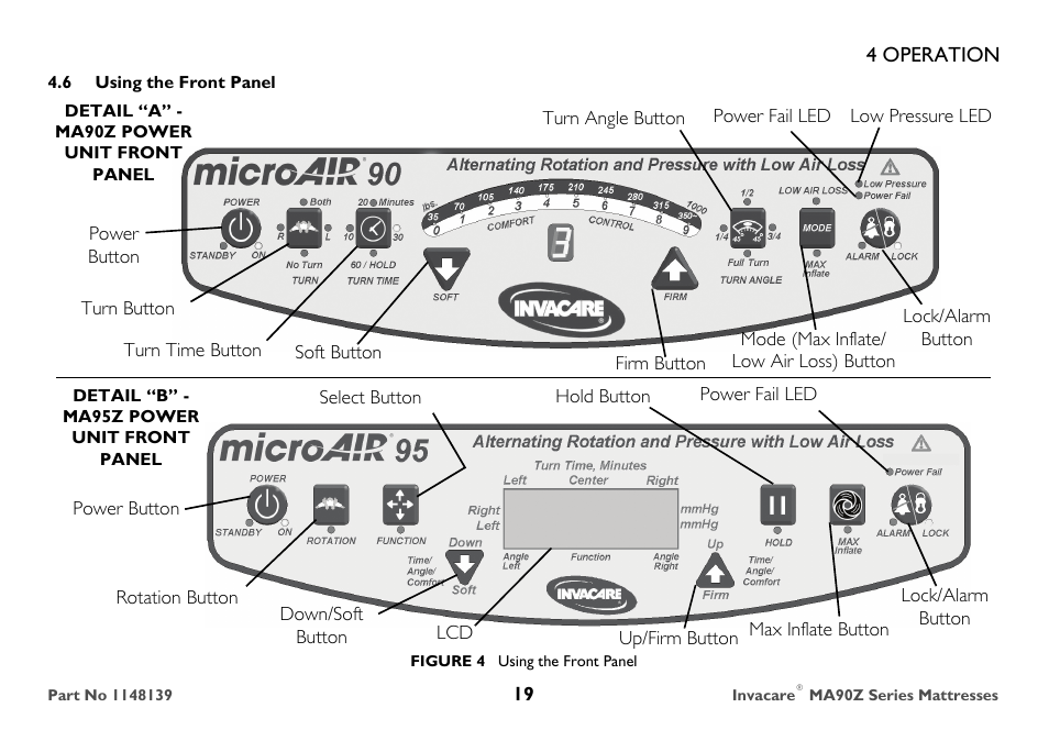 6 using the front panel, Detail “b” - ma95z power unit front panel | Invacare MA90Z User Manual | Page 19 / 36