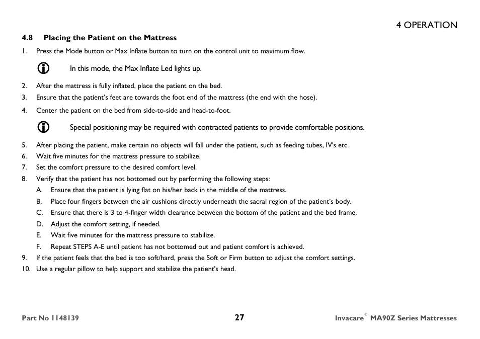 8 placing the patient on the mattress, In this mode, the max inflate led lights up, D. adjust the comfort setting, if needed | 4 operation | Invacare MA90Z User Manual | Page 27 / 36