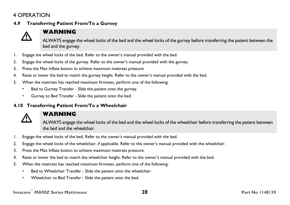 9 transferring patient from/to a gurney, Warning, 10 transferring patient from/to a wheelchair | Invacare MA90Z User Manual | Page 28 / 36