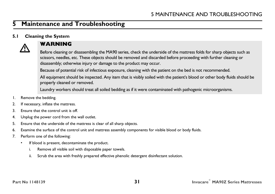 5 maintenance and troubleshooting, 1 cleaning the system, Warning | Remove the bedding, If necessary, inflate the mattress, Ensure that the control unit is off, Unplug the power cord from the wall outlet, Perform one of the following | Invacare MA90Z User Manual | Page 31 / 36