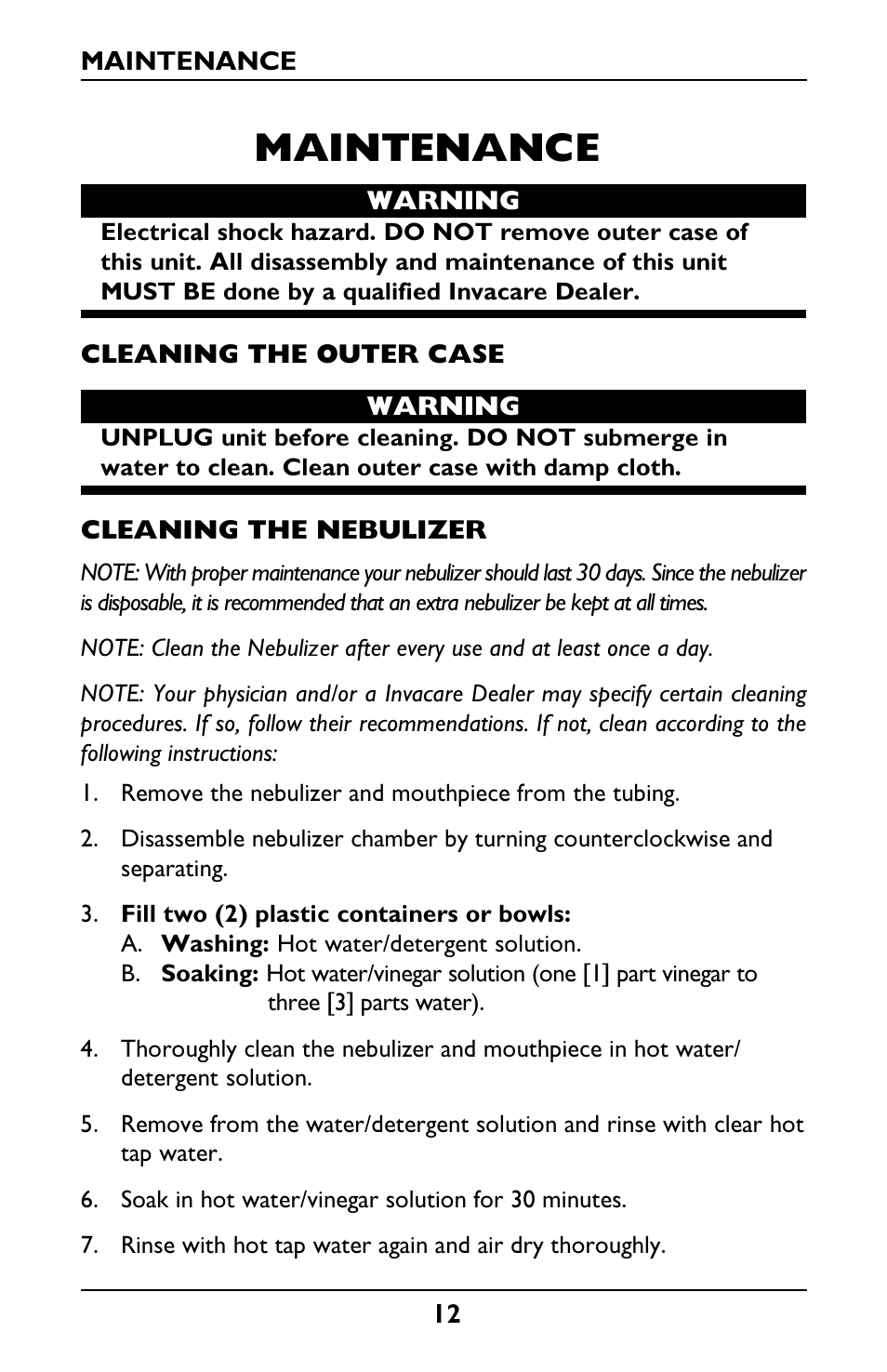 Maintenance | Invacare IRC1001 User Manual | Page 12 / 44