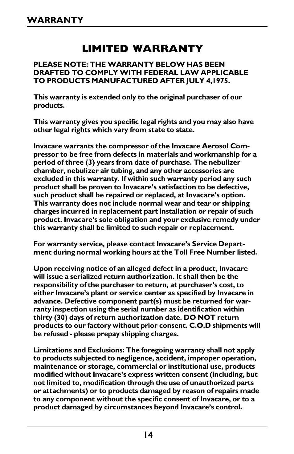 Limited warranty, Warranty | Invacare IRC1001 User Manual | Page 14 / 44