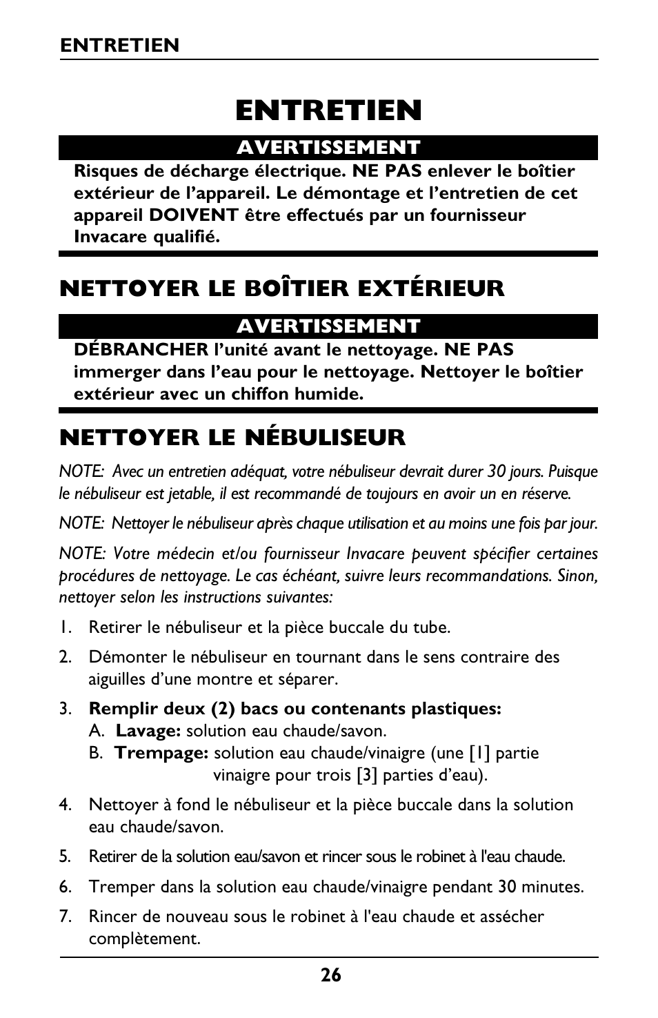 Entretien, Nettoyer le boîtier extérieur, Nettoyer le nébuliseur | Invacare IRC1001 User Manual | Page 26 / 44