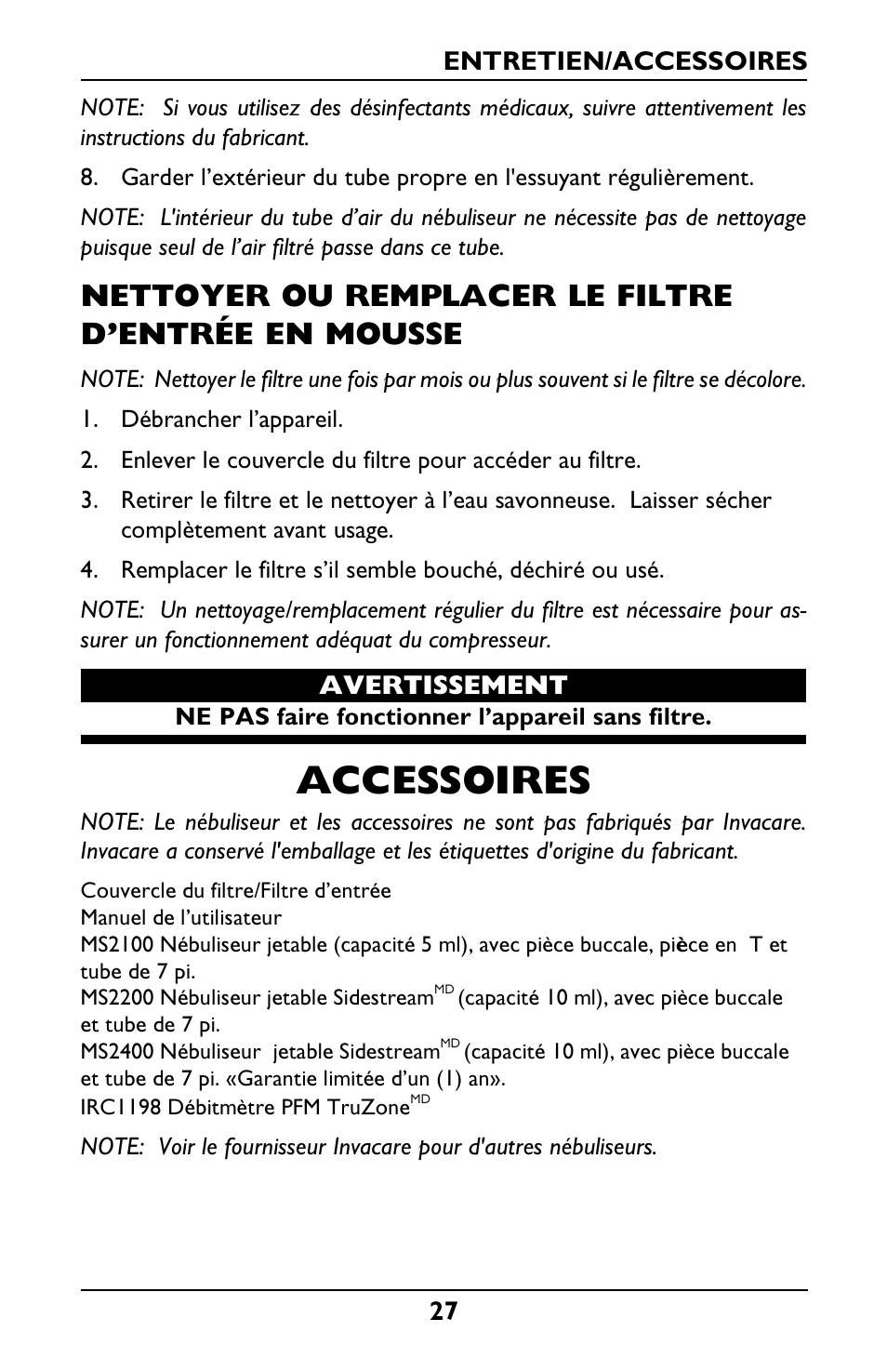 Accessoires, Nettoyer ou remplacer le filtre dentrée en mousse | Invacare IRC1001 User Manual | Page 27 / 44