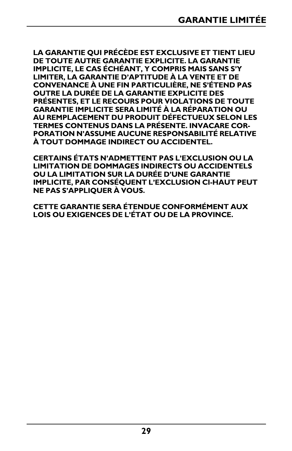 Garantie limitée | Invacare IRC1001 User Manual | Page 29 / 44
