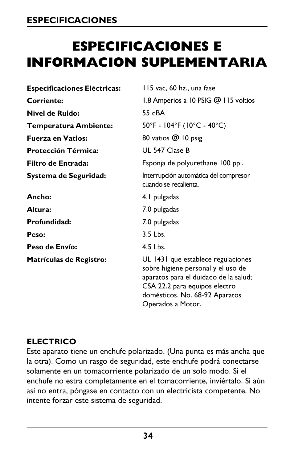 Especificaciones e informacion suplementaria | Invacare IRC1001 User Manual | Page 34 / 44