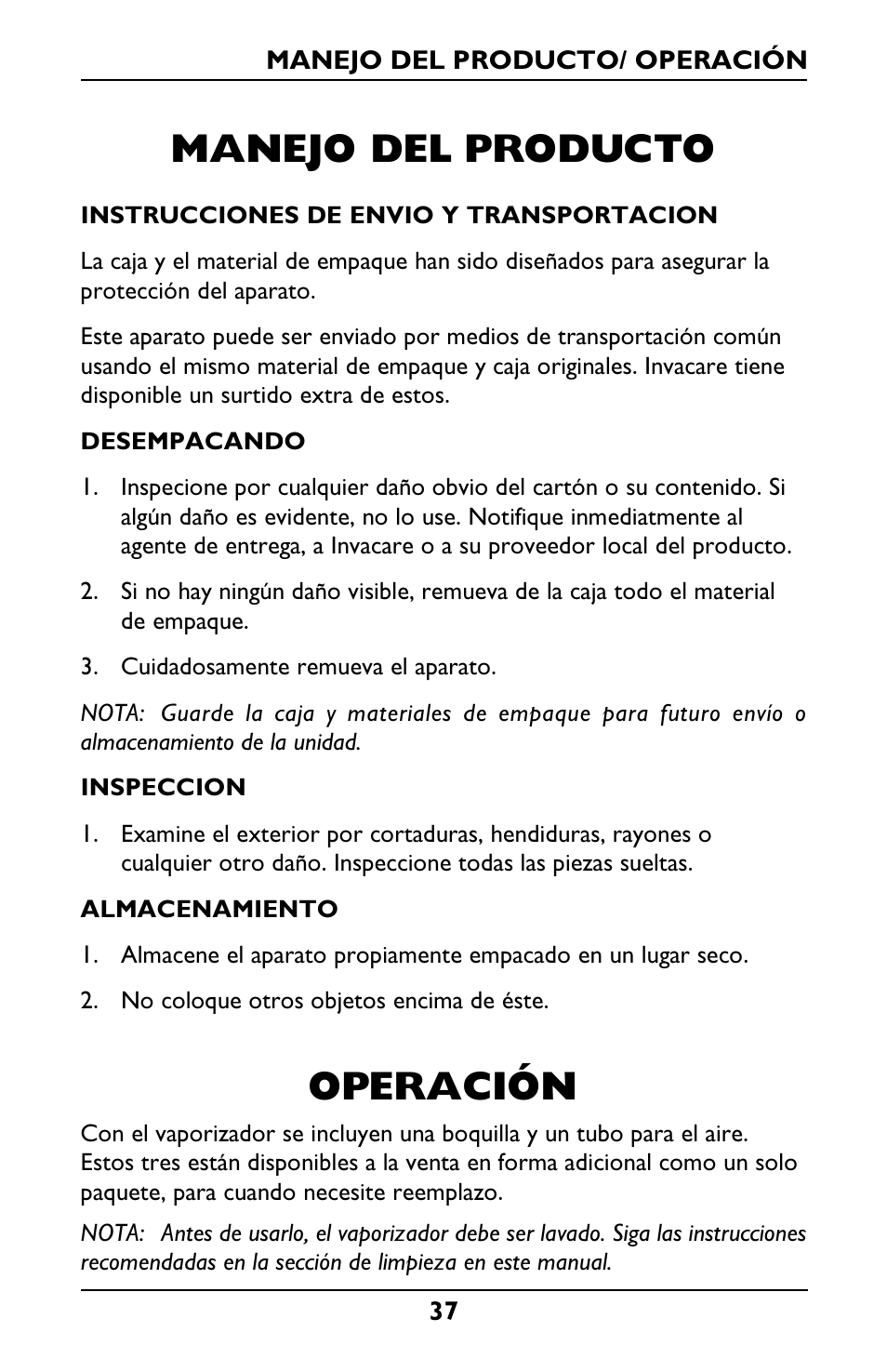 Manejo del producto, Operación | Invacare IRC1001 User Manual | Page 37 / 44