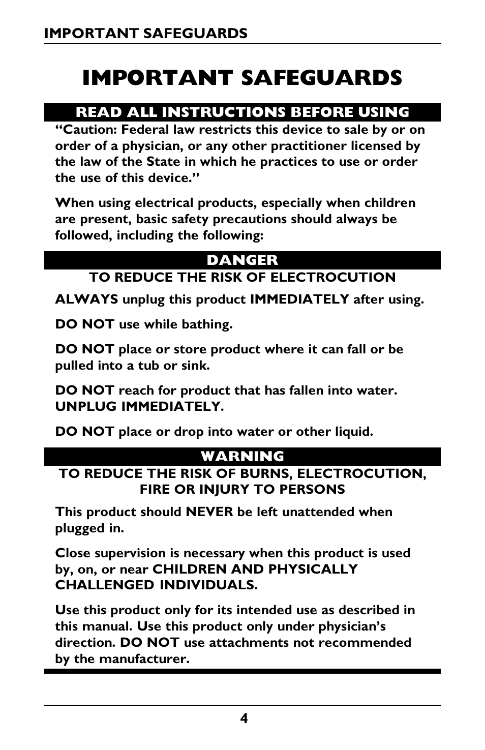 Important safeguards | Invacare IRC1001 User Manual | Page 4 / 44