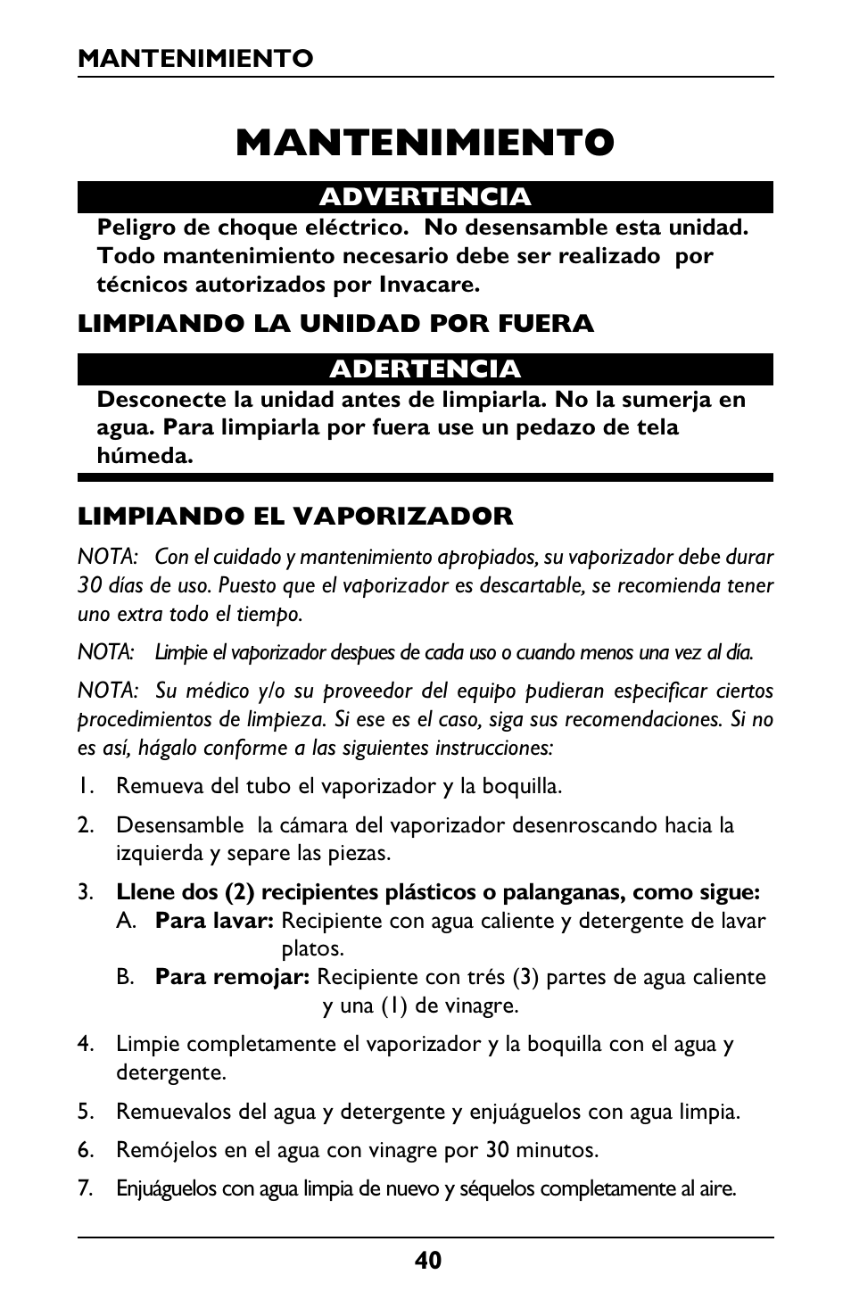Mantenimiento | Invacare IRC1001 User Manual | Page 40 / 44