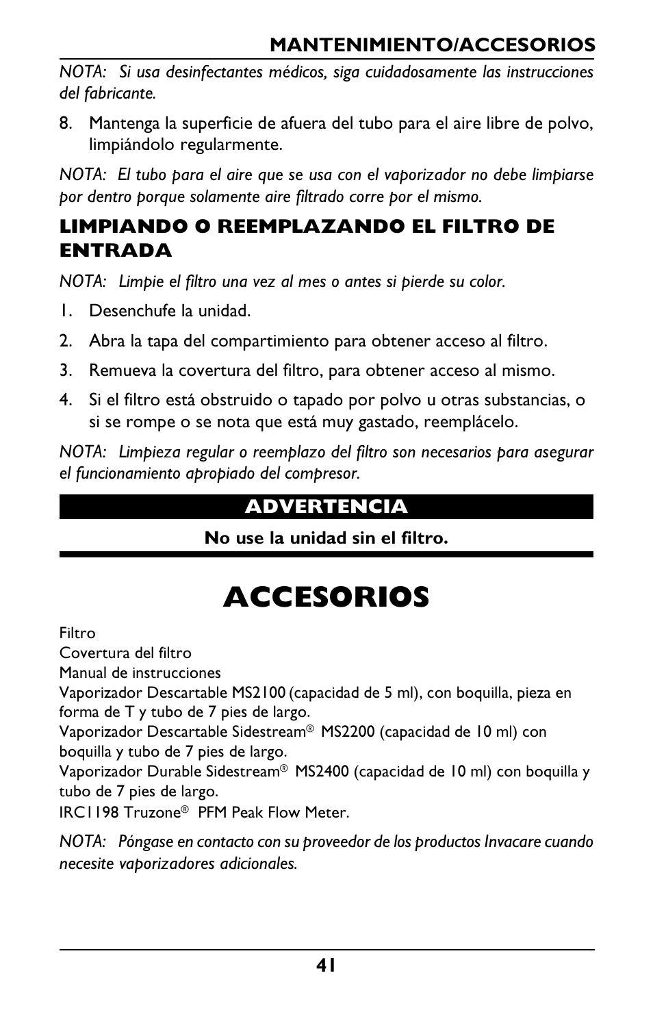 Accesorios | Invacare IRC1001 User Manual | Page 41 / 44