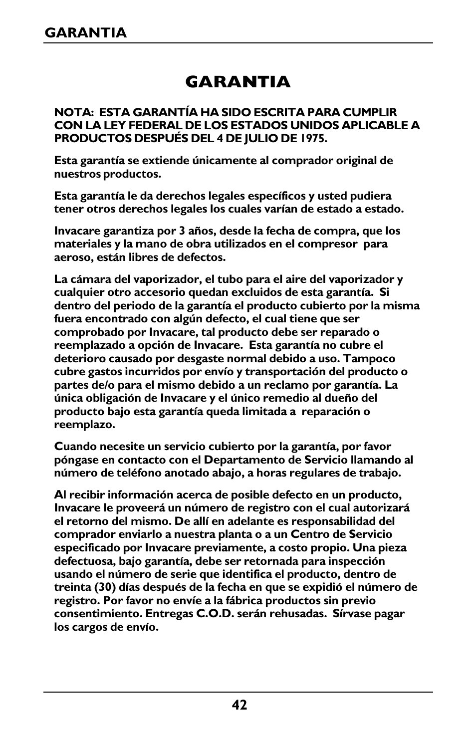 Garantia | Invacare IRC1001 User Manual | Page 42 / 44