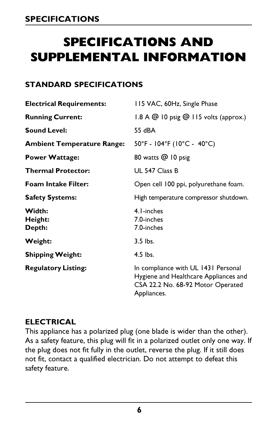 Specifications and supplemental information | Invacare IRC1001 User Manual | Page 6 / 44