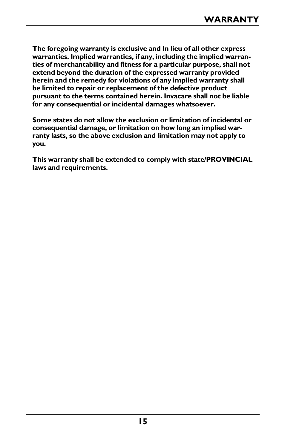 Warranty | Invacare Envoy User Manual | Page 15 / 44