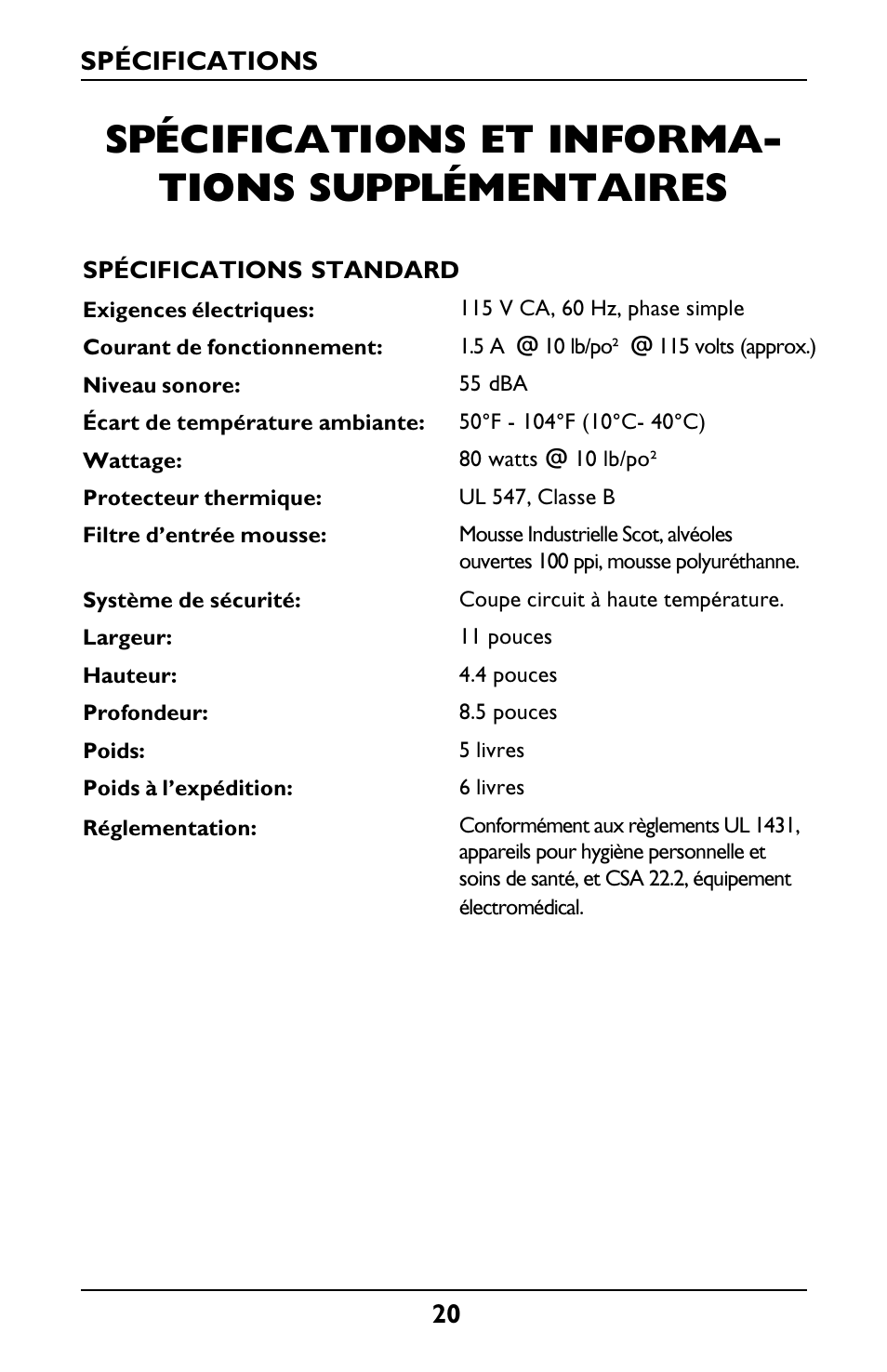 Spécifications et informa- tions supplémentaires | Invacare Envoy User Manual | Page 20 / 44