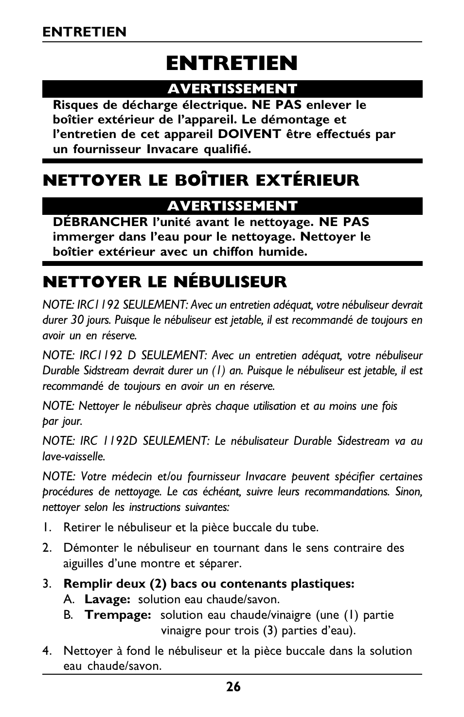 Entretien, Nettoyer le boîtier extérieur, Nettoyer le nébuliseur | Invacare Envoy User Manual | Page 26 / 44