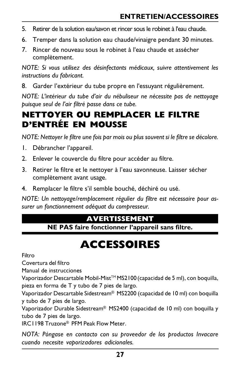 Accessoires, Nettoyer ou remplacer le filtre dentrée en mousse, Avertissement | Entretien/accessoires | Invacare Envoy User Manual | Page 27 / 44