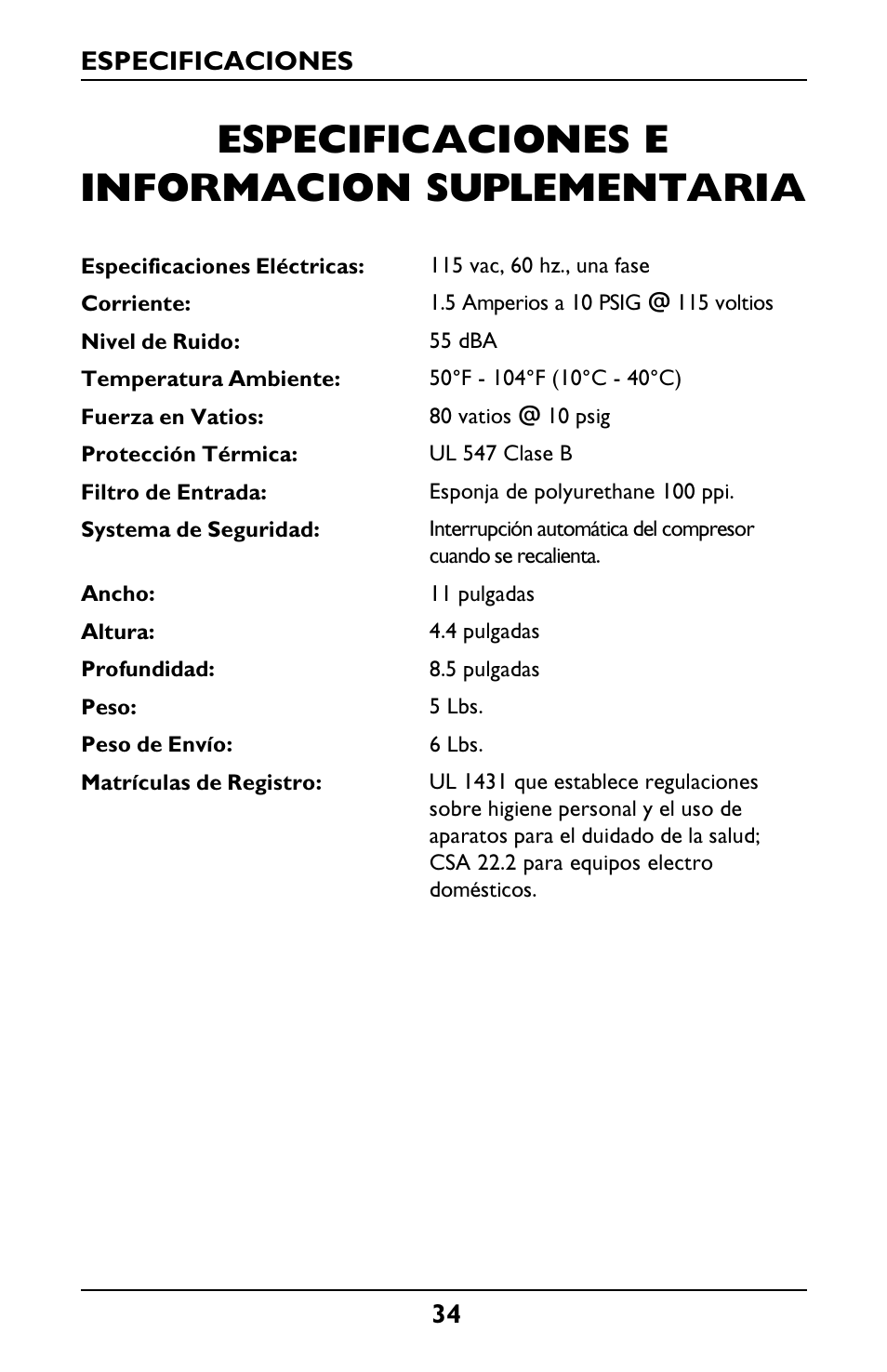 Especificaciones e informacion suplementaria | Invacare Envoy User Manual | Page 34 / 44