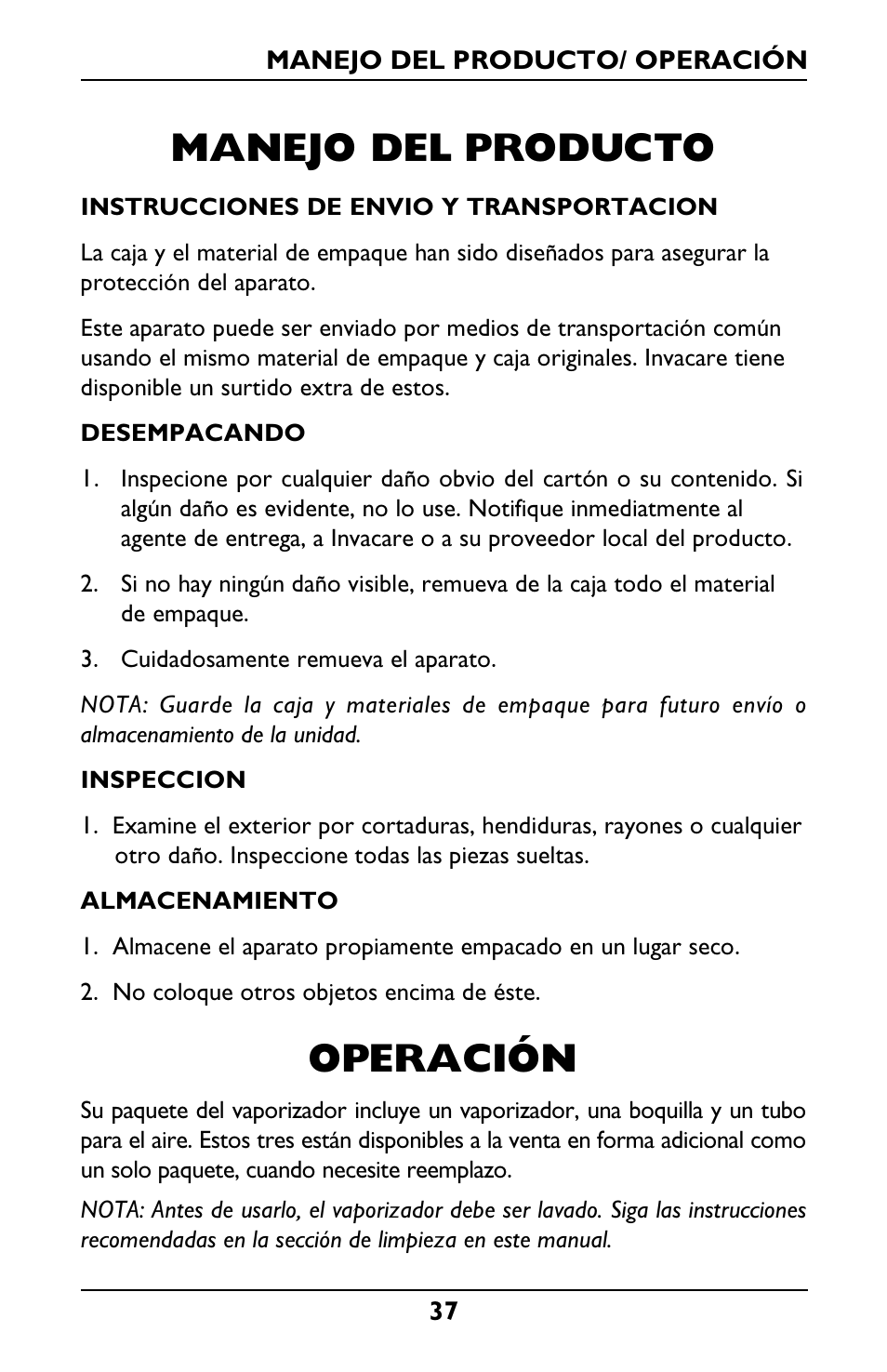 Manejo del producto, Operación | Invacare Envoy User Manual | Page 37 / 44